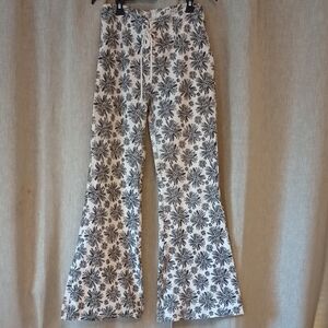 White Floral-Print Wide Leg Jeans with Drawstring Waist